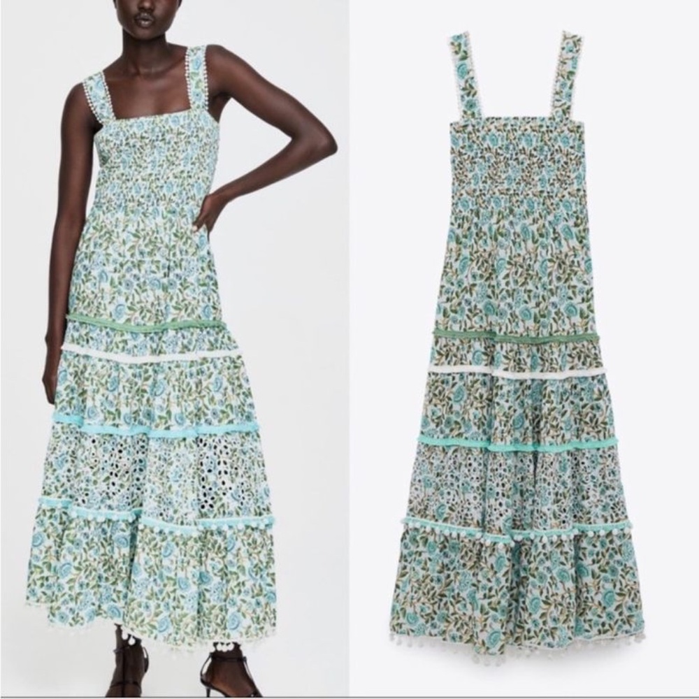 Zara Smocked Floral Tiered Maxi Dress